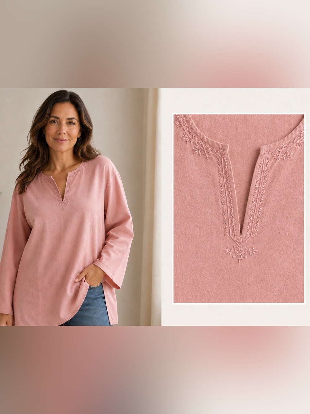 NWT Cali & Co 100% Cotton Pink Embroidered Split Neck Tunic Blouse